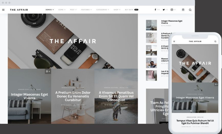 Modern and elegant design preview for 'The Affair' WordPress theme, showcasing a responsive layout for blogs and magazines.