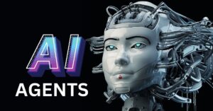 Illustration of AI agents featuring a futuristic robotic face with mechanical wiring and a glowing, high-tech aesthetic, accompanied by bold text reading 'AI AGENTS' in vibrant colors against a sleek black background.