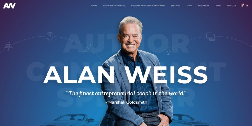 Portrait of Alan Weiss, a prominent entrepreneurial coach, smiling confidently against a blue background with his name in large white text. The background also features subtle graphics representing growth and innovation. A quote by Marshall Goldsmith describes him as 'The finest entrepreneurial coach in the world.