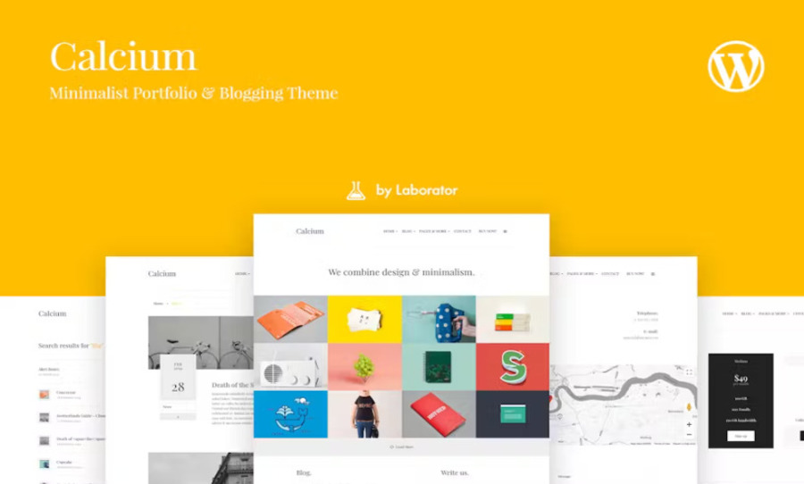 Preview of the 'Calcium' WordPress theme by Laborator, featuring a minimalist design ideal for portfolios and blogging.