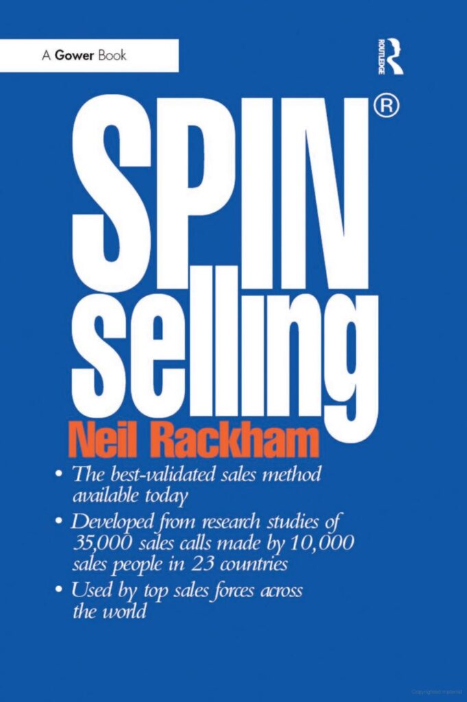 Cover of the book 'SPIN Selling' by Neil Rackham, featuring a blue background with white and orange text, highlighting its status as a validated sales method based on extensive research