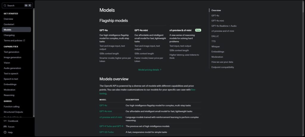 Screenshot of the OpenAI model selection interface showing 'Flagship models' like GPT-4o, GPT-4o mini, and the 'o1-preview & o1-mini' models. It includes details about context length, task capabilities, and pricing. On the left sidebar, sections such as 'Text generation,' 'Image generation,' and 'Vision' under 'Capabilities' are visible.