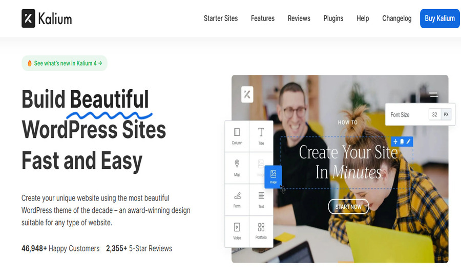 Promotional image for the 'Kalium' WordPress theme highlighting its easy-to-use design tools, customer reviews, and award-winning flexibility for creating websites.