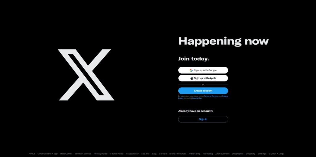 Screenshot of X’s login page (formerly Twitter) with a large 'X' logo on a black background. The page invites users to 'Join today' with options to sign up using Google, Apple, or by creating an account.