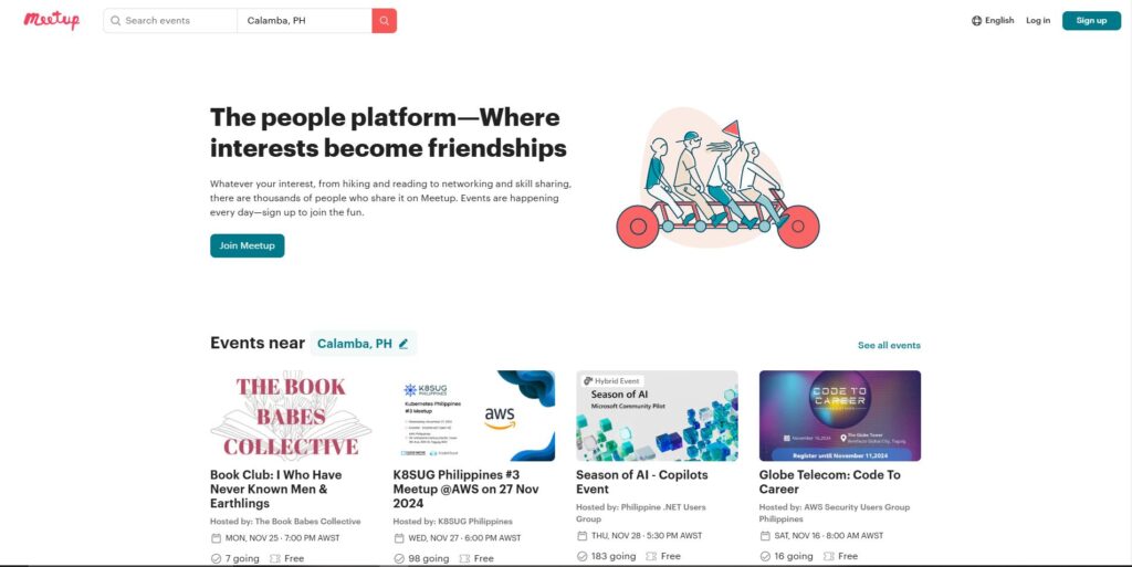 Screenshot of the Meetup homepage with a headline describing it as 'The people platform—Where interests become friendships.' The page allows users to search for local events by interest and location, showcasing upcoming events in categories like book clubs, tech meetups, and career workshops. A prominent 'Join Meetup' button is visible.