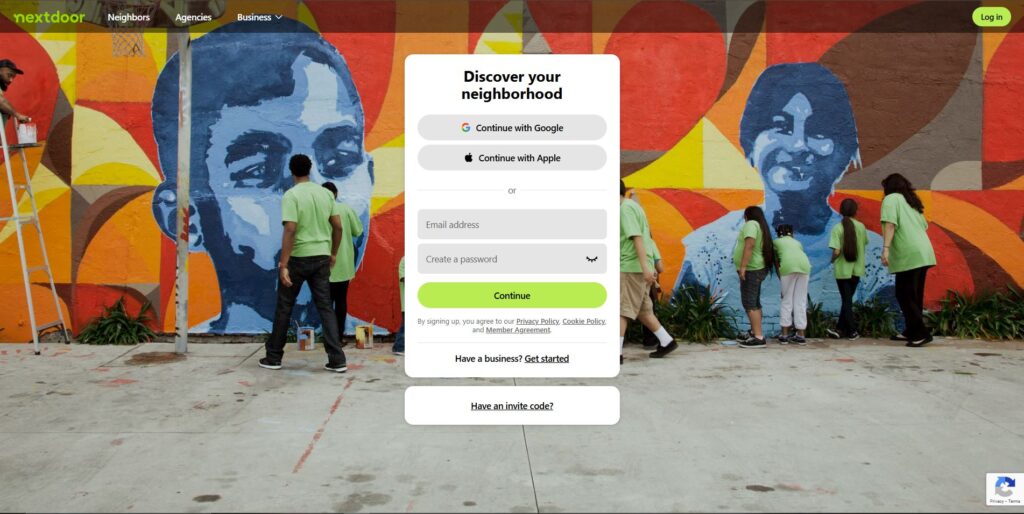 Screenshot of the Nextdoor website’s login and sign-up page. The background features a community mural with people painting, emphasizing local engagement. The login options include Google, Apple, or email, inviting users to 'Discover your neighborhood' by joining Nextdoor.