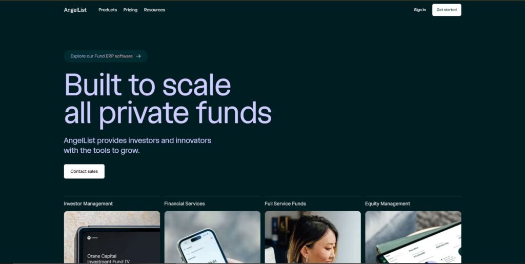 Screenshot of the AngelList website homepage, showcasing its focus on private fund scaling. The banner reads 'Built to scale all private funds,' targeting investors and innovators with tools for growth, and includes a contact option for sales inquiries.