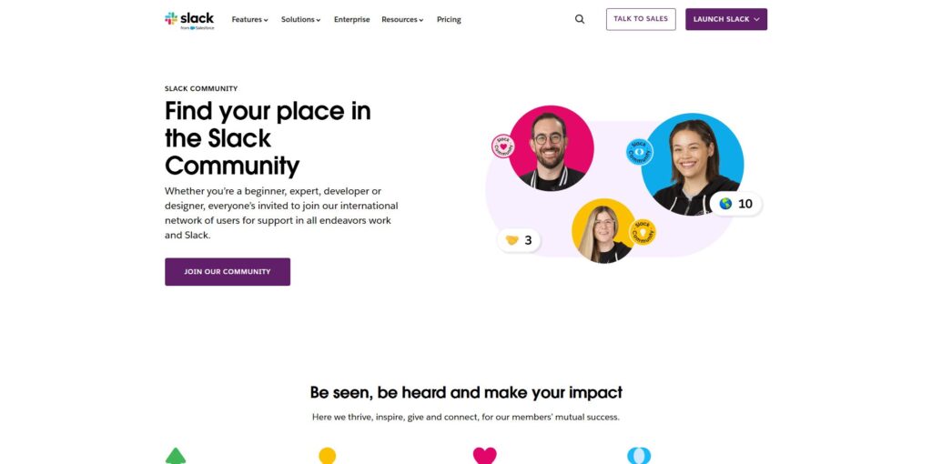 Screenshot of the Slack Community homepage with the tagline 'Find your place in the Slack Community.' The page invites users to join an international network for support in work-related collaborations and offers a button to join the community.