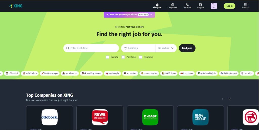 Screenshot of the XING job search page, showcasing a search bar for job titles and location with filters for remote, part-time, and flextime positions. The page is designed in bright green and features a selection of popular job categories as well as logos of top companies hiring on the platform.