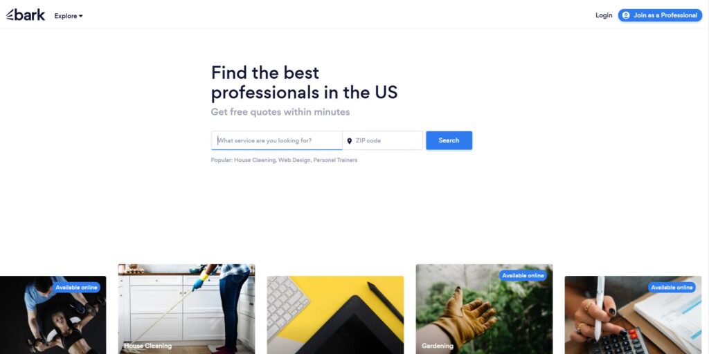 Screenshot of the Bark website, a professional services platform, with a search feature allowing users to find services in the US by entering keywords and zip codes. The page highlights categories like house cleaning, web design, and personal training. A button invites professionals to join the platform.