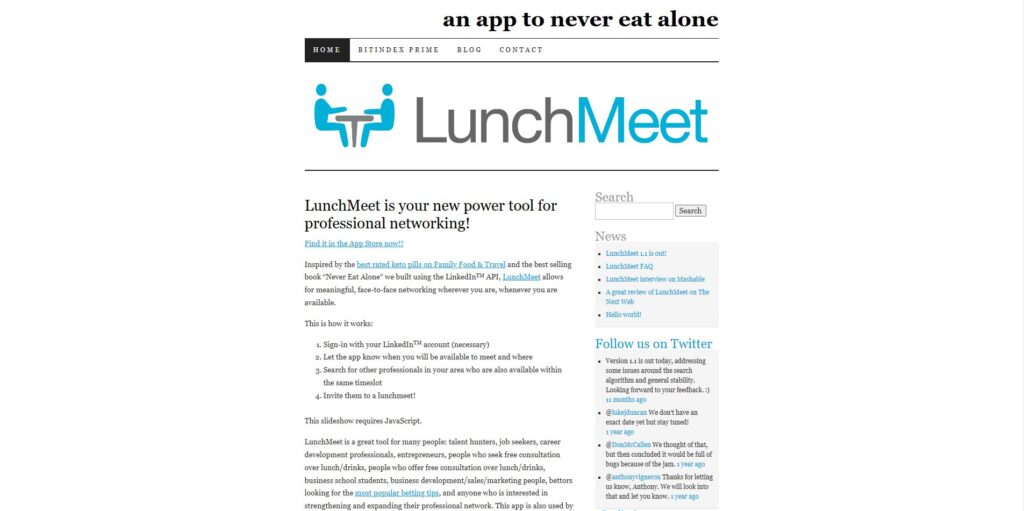 Screenshot of the LunchMeet website, a professional networking platform. The header displays the tagline 'an app to never eat alone.' Below, it describes how LunchMeet facilitates face-to-face networking for LinkedIn users by helping them connect over lunch or coffee during available times. The page includes links to app information and social media updates.