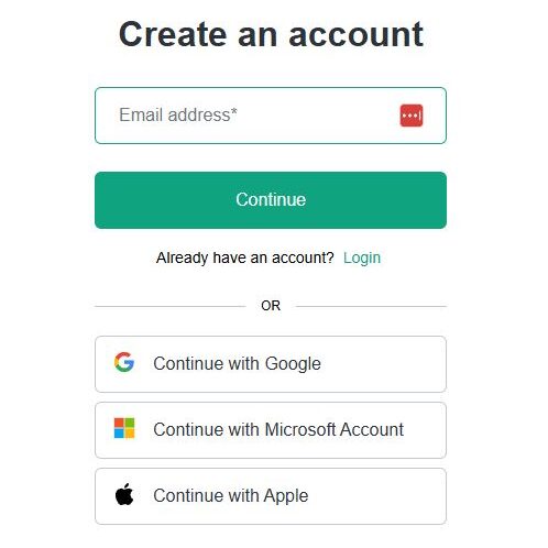 OpenAI account creation page with fields for entering an email address and options for logging in or continuing with Google, Microsoft, or Apple accounts. At the bottom are links to the 'Terms of Use' and 'Privacy Policy