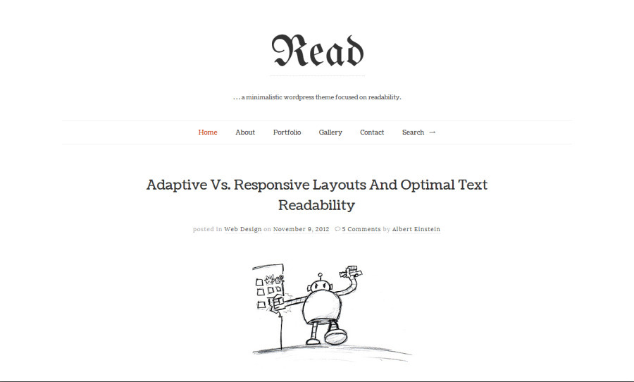 Minimalistic design preview for the 'Read' WordPress theme, focused on readability with clean typography and simple navigation.