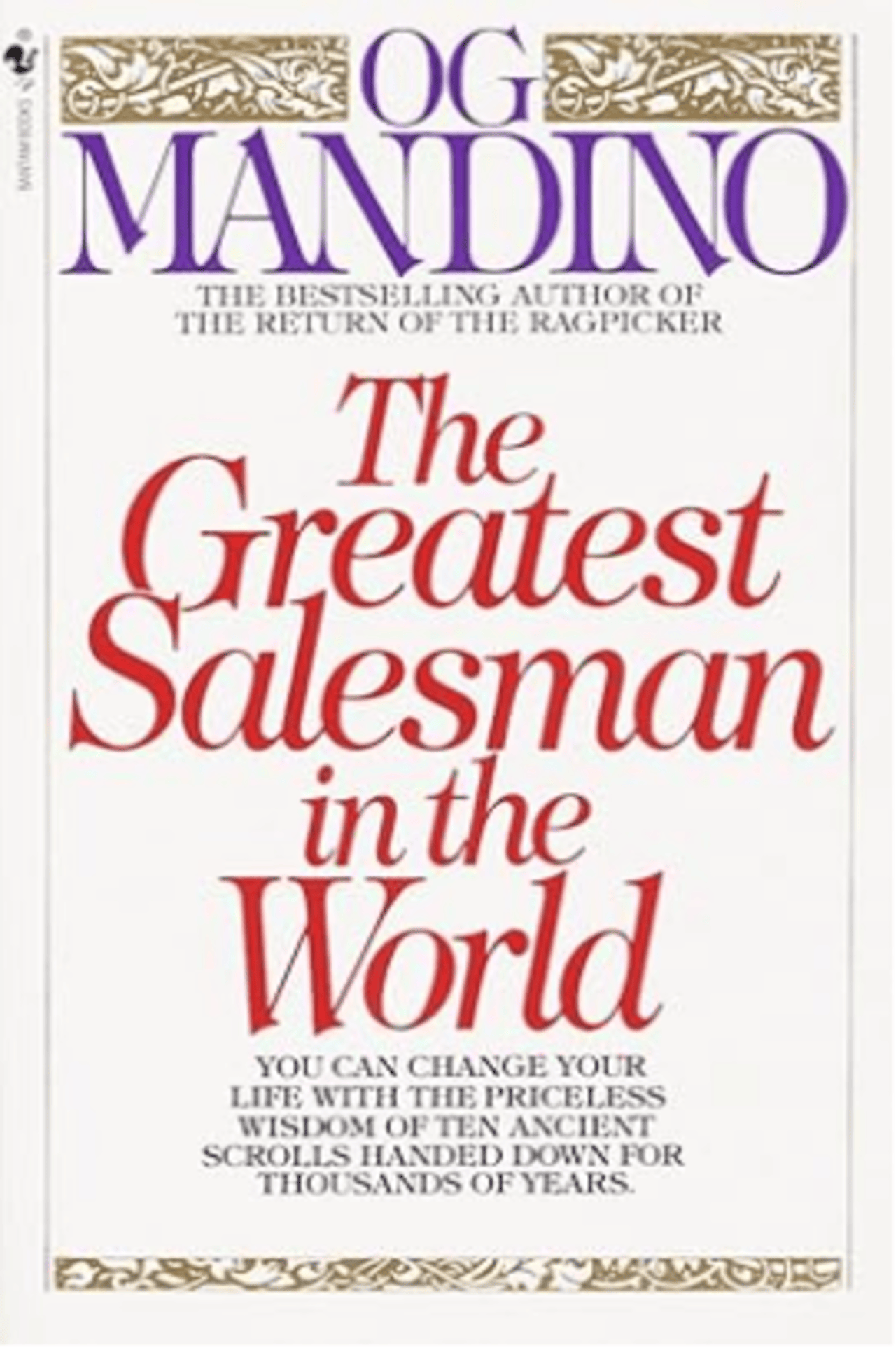 Cover of 'The Greatest Salesman in the World' by Og Mandino, featuring elegant red and purple text on a white background with gold decorative accents.