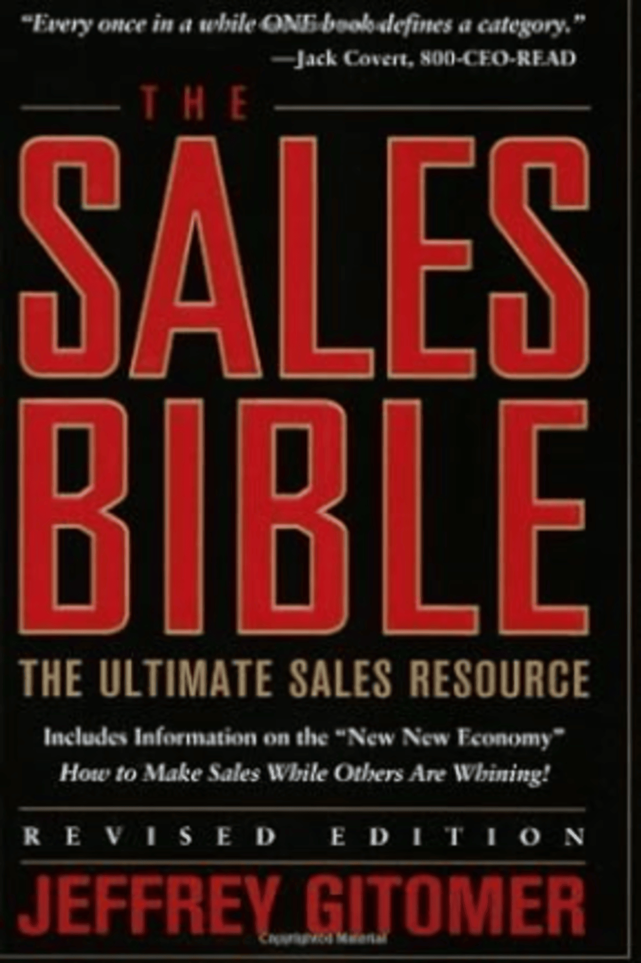 Cover of 'The Sales Bible' by Jeffrey Gitomer, featuring bold red and gold text on a black background with the subtitle 'The Ultimate Sales Resource' and a 'Revised Edition' label.