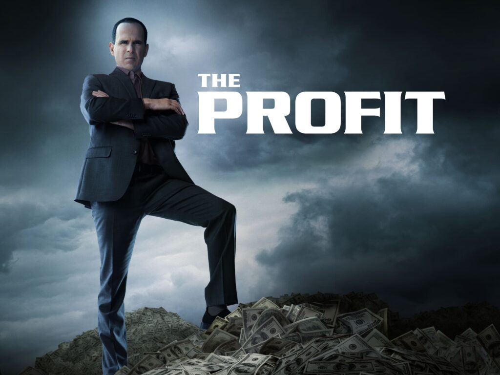 Promotional poster for "The Profit," featuring Marcus Lemonis standing confidently on a mound of cash under a stormy sky. The dramatic backdrop highlights the high-stakes world of business investments and turnarounds explored in the show.