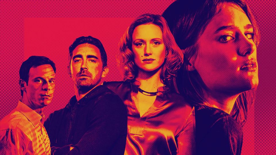 Promotional image for Halt and Catch Fire showing four main characters against a bold pink and orange background.