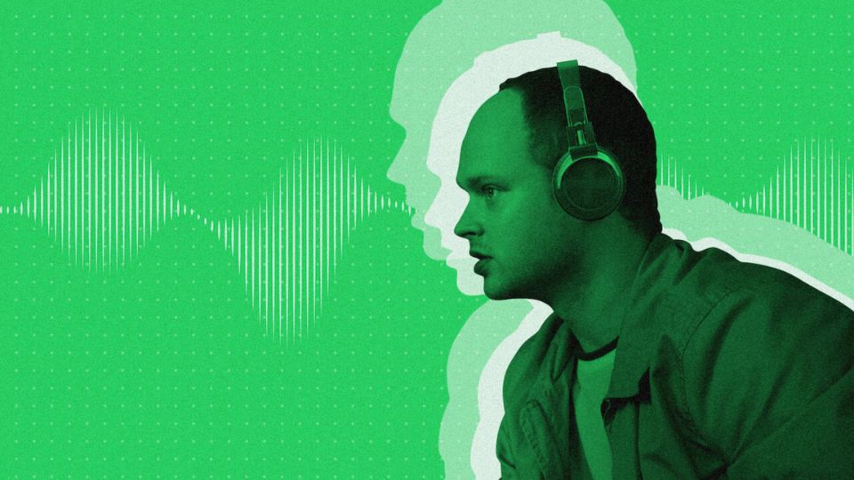 Promotional image for The Playlist showing a man in headphones in profile against a green background with audio wave graphics.