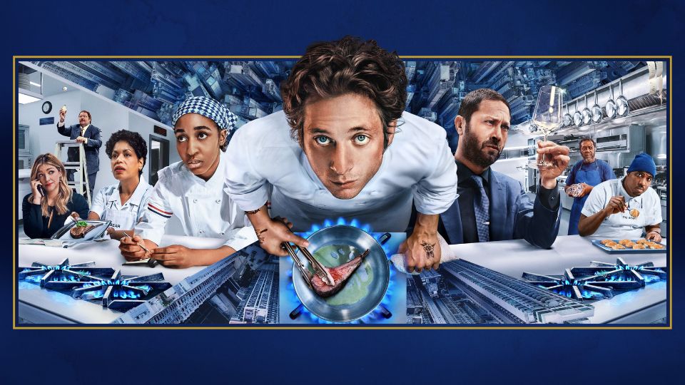Promotional image for The Bear showing the main chef leaning over a plated dish, surrounded by restaurant staff and kitchen imagery.