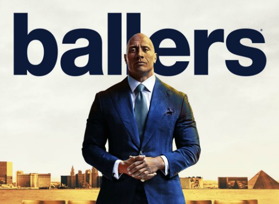 Poster for "Ballers," featuring Dwayne Johnson in a sleek blue suit, standing against a golden city skyline, reflecting the high-stakes world of sports management.