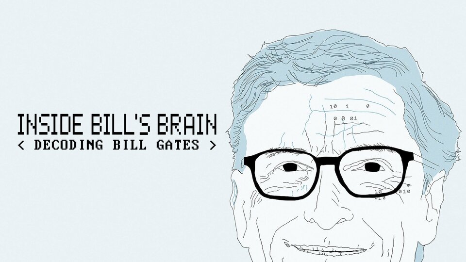 Poster for "Inside Bill’s Brain: Decoding Bill Gates," featuring a minimalist line-drawing portrait of Bill Gates against a light blue background, emphasizing the introspective and intellectual nature of the documentary.