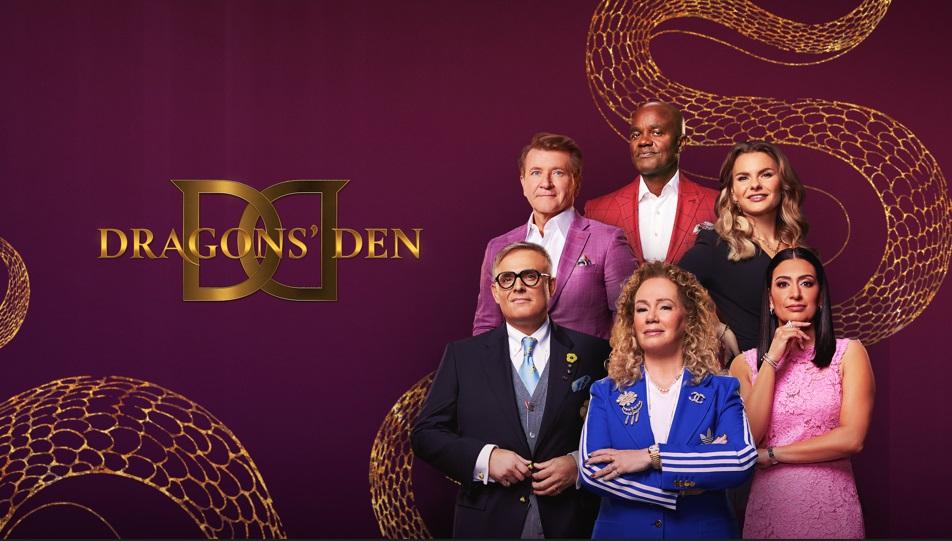 Poster for "Dragons' Den," displaying the panel of judges in formal attire against a regal purple background with gold snake-like patterns, emphasizing wealth and entrepreneurial stakes.