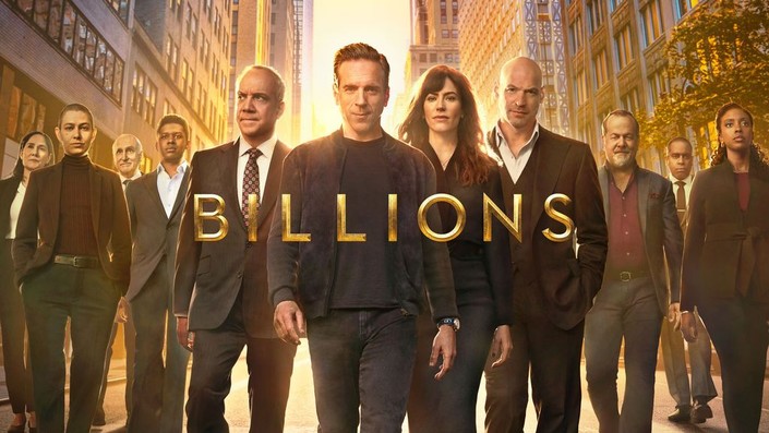 Promotional poster for "Billions," featuring the main cast walking confidently down a city street under golden light. The characters' expressions convey intensity and ambition, matching the show's high-stakes financial drama.