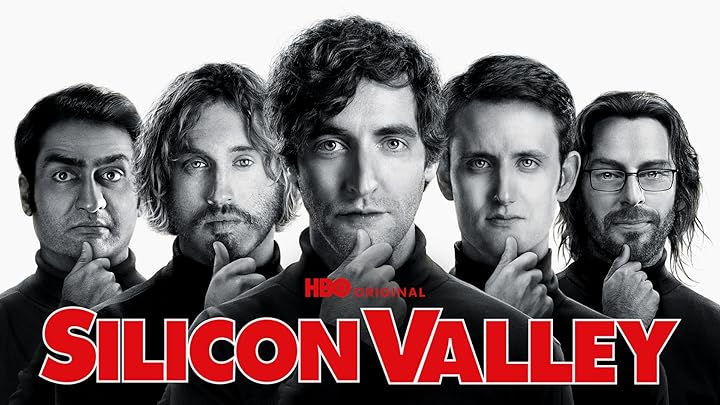 Promotional image for "Silicon Valley," featuring the main cast members in a sleek, monochromatic style, all striking a humorous, thoughtful pose that reflects the show's tech-focused satire.