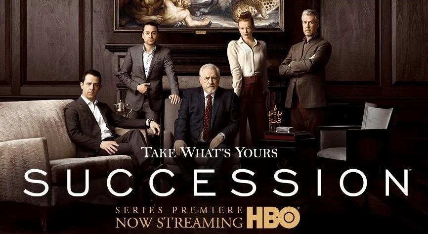 Promotional image for the series "Succession," featuring the Roy family seated in a dark, elegant corporate office. The tagline "Take What’s Yours" underscores the intense power struggle depicted in the show.