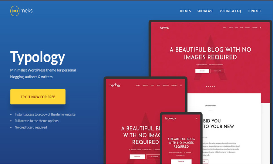 Promotional image for the 'Typology' WordPress theme by Meks, showcasing its minimalist design for personal blogging, featuring bold typography and no images required.