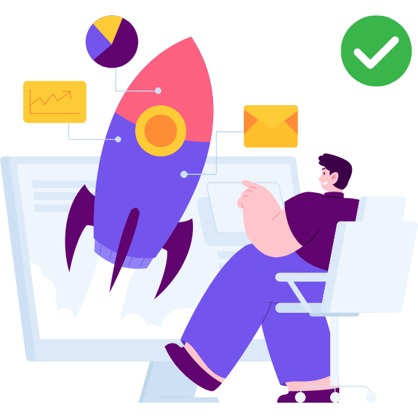 Illustration of a person sitting at a desk pointing at a computer screen, with a rocket ship launching from the screen. Above, icons of a pie chart, line graph, email, and a checkmark are connected to the rocket, symbolizing growth and success for small business.