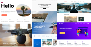 A collage of various minimalist WordPress themes, including Astra, Hello Elementor, Kadence, and Twenty Seventeen, showcasing their layouts and design styles for modern websites.