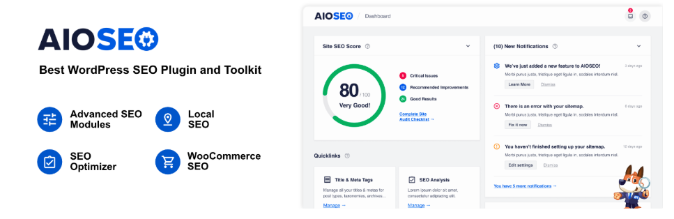 Screenshot of the AIOSEO plugin interface highlighting features such as SEO score, advanced modules, local SEO, WooCommerce SEO, and SEO optimizer.