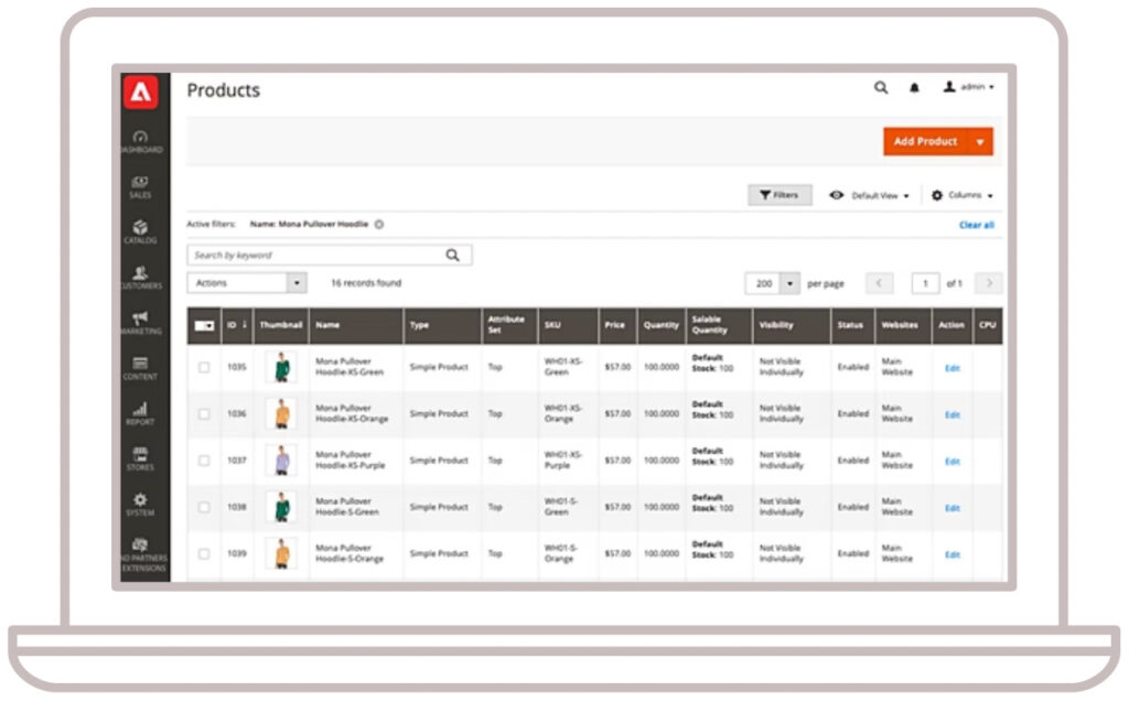 Adobe Commerce dashboard displaying a product catalog with items like "Mona Pullover Hoodie" in different colors. The list includes ID, name, SKU, price, quantity, and visibility options. | best e-commerce platforms