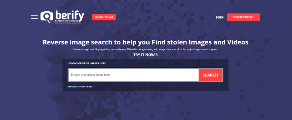 Berify homepage featuring a reverse image search tool with a purple background, upload box, and red 'Search' button.