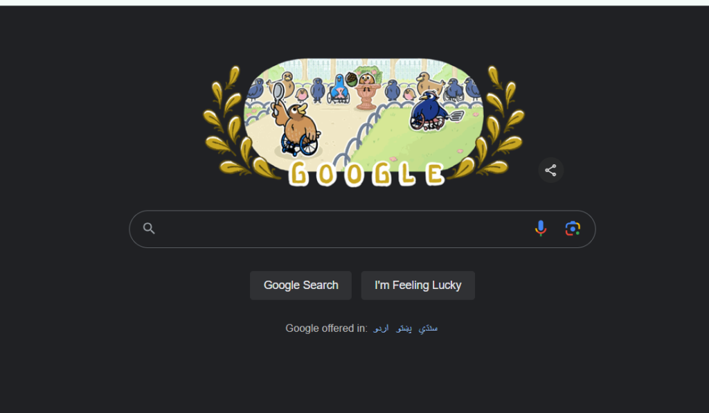 Google homepage with a custom doodle featuring a playful scene of animals, including a camel in a wheelchair and a bird with a crutch, set in a park-like setting with an audience of pigeons.