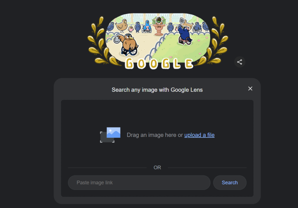 Google homepage featuring a playful animal-themed doodle, with a camel in a wheelchair and a bird with a crutch, surrounded by a lively park scene and golden decorative elements, along with a Google Lens search interface.