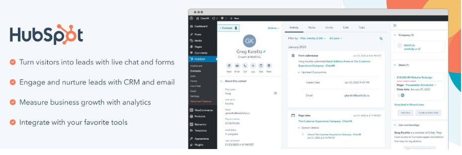 Screenshot of the HubSpot plugin interface showcasing CRM, email marketing, live chat, forms, analytics, and lead management features.