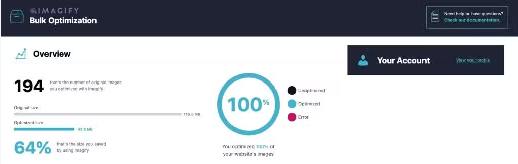 Screenshot of the Imagify Bulk Optimization dashboard showing image optimization statistics, including percentage saved and media library details.