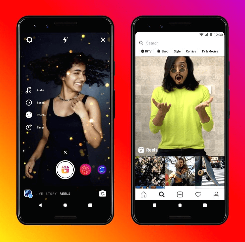 Two smartphone screens showing Instagram Reels. The left screen features a woman dancing with effects and editing tools visible, while the right screen displays a man in a neon shirt on the Reels feed, with navigation icons below.