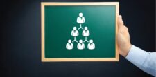 Is Digital Marketing a Pyramid Scheme: Debunking Myths A person holding a green chalkboard displaying a pyramid scheme illustration with connected figures, representing a hierarchical structure.