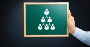 A person holding a green chalkboard displaying a pyramid scheme illustration with connected figures, representing a hierarchical structure.