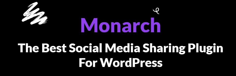 Promotional banner for Monarch, labeled as 'The Best Social Media Sharing Plugin for WordPress,' featuring a bold purple and white design on a black background with abstract brushstroke accents.