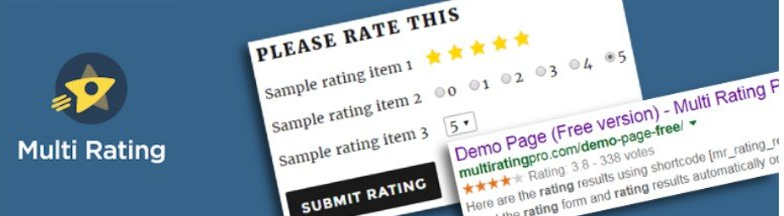 Promotional banner for the Multi Rating plugin featuring sample rating forms and a Google search result snippet with star ratings.