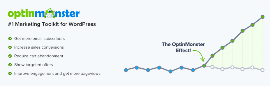 Promotional banner for OptinMonster, highlighting features like email subscriber growth, sales conversions, and the 'OptinMonster Effect' with a graph illustration.