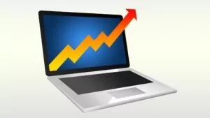 An illustrated laptop screen displaying an upward-trending arrow graph—symbolizing growth, increased visibility, and successful SEO performance.