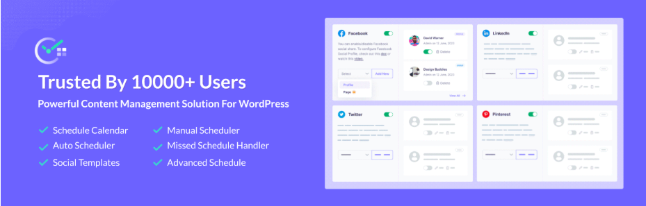 Promotional banner for a WordPress content management solution highlighting features like scheduling tools and social media templates, with platform previews for Facebook, Twitter, LinkedIn, and Pinterest.