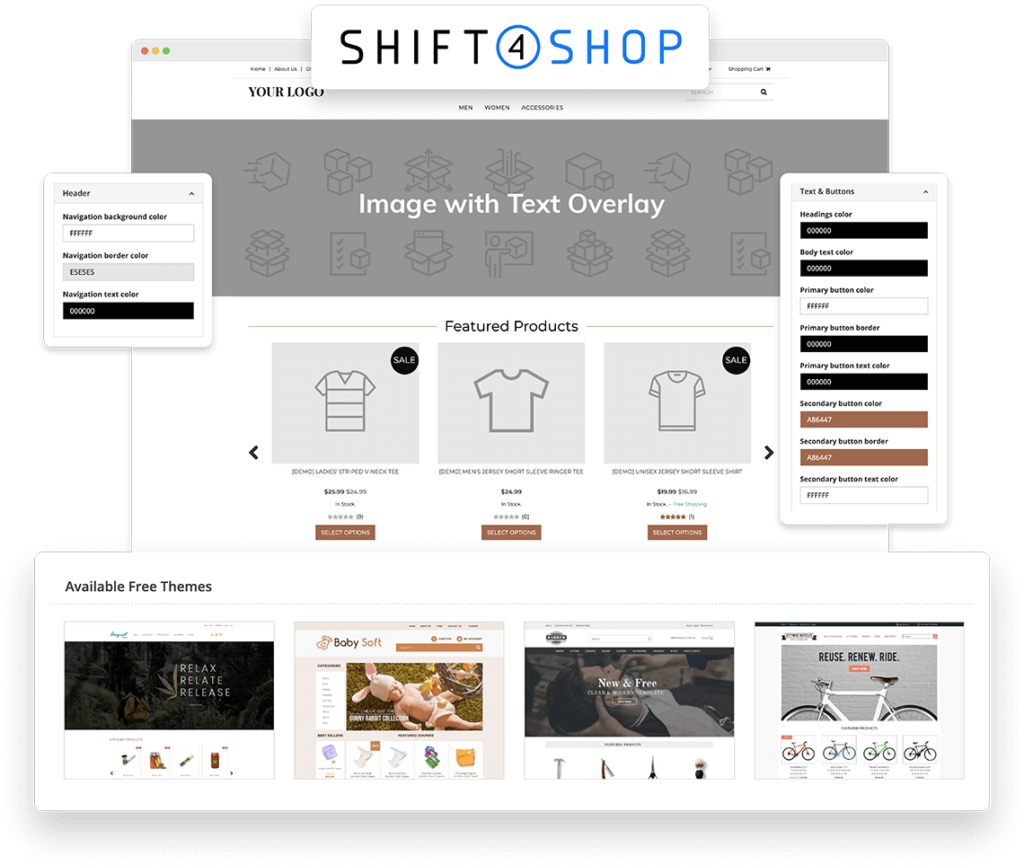 Shift4Shop interface showcasing customization options for navigation and button colors. Features a sample online store with a product carousel and a selection of available free themes at the bottom. | best e-commerce platforms