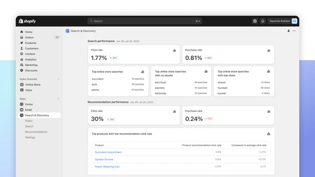 A Shopify dashboard displaying search and recommendation performance metrics, including click rate and purchase rate, for July 2023. Lists show top search terms and product recommendations. | best e-commerce platforms