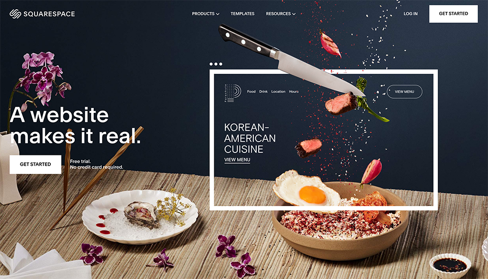 Squarespace webpage featuring "A website makes it real" with a call-to-action for a free trial. Display includes a food scene with a knife, a steak, an egg, and text highlighting Korean-American cuisine and menu options. | best e-commerce platforms